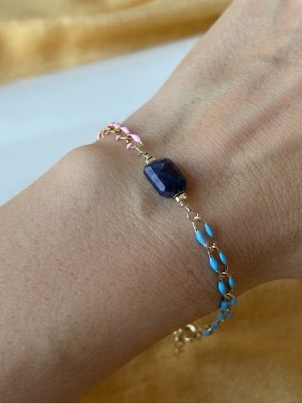 Handmade Gold Chain Bracelet with Pink & Blue Enamel and Genuine Iolite Stone